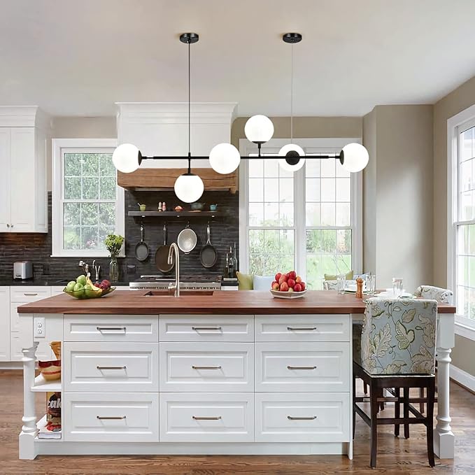 BOKT Mid Century Modern 6-Lights Pendant Light Milk Glass Globe Round Sputnik Chandelier Black Linear Pendant Light Kitchen Island Chandelier Lamp Ding Room Light Fixture