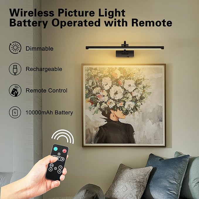 DESOOP Dimmable Black Picture Lights with Remote and Timer Wireless Art Lights Rechargeable Gallery Lighting for Canvas Portrait 24'' Inch 5W Warm White