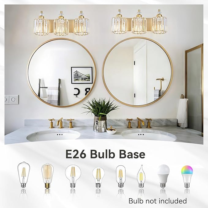 3-Light Modern Gold Bathroom Vanity Lights Brushed Brass Lighting Fixtures Over Mirror, Bathroom Vanity Lighting with Crystal Shade Wall Sconce E26 Base for Bedroom Livingroom Restroom Wall Lamp