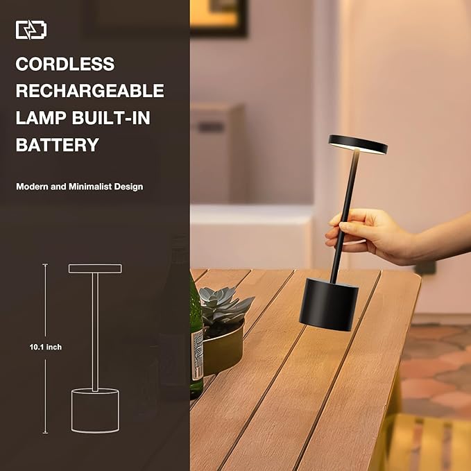 Black Cordless Table Lamp, 4000mAh Rechargeable Battery Powered Lamps, 3 Color Stepless Dimming, LED Wireless Outdoor Lamps for Dining Room, Bedroom, Bar, Cafe, Restaurant, Patio, Camping, Set of 2