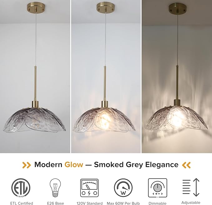 14" Smoked Hammered Glass Pendant Light, Large Vintage Pendant Lighting, Modern Industrial Ceiling Hanging Light Fixture for Island Dining Room Foyer Hallway Bar Cafe Kitchen Sink