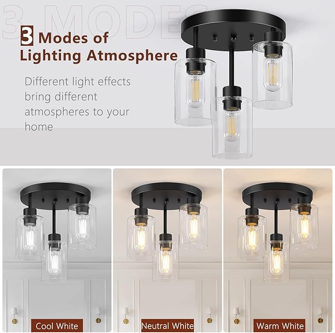 Farmhouse Flush Mount Ceiling Light, Black 3-Light Hallway Light Fixtures Ceiling with Clear Glass Shades, Light Fixtures Ceiling Mount for Kitchen Living Room Foyer, E26 Base