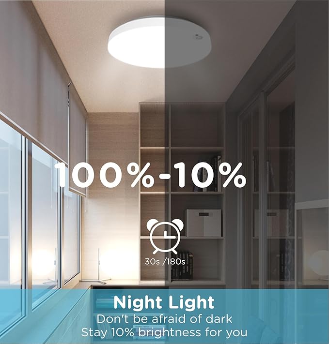 Motion Sensor Ceiling Light Hardwired, 9 Inch 18W Flush Mount Closet Light, 1800 Lm, 5 CCT 2700/3000/3500/4000/5000K, 4 Brightness Settable, Rimless 10% Standby Bi-Level with Delay Off, ETL Listed