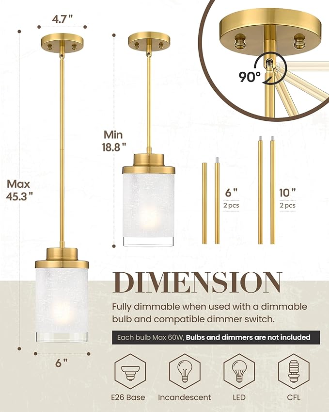 TENGXIN Modern Pendant Light for Kitchen Island, 6-Inch Brushed Gold Hanging Ceiling Light Fixture,Farmhouse Pendant Lighting for Dining Room Bedroom Bar Office