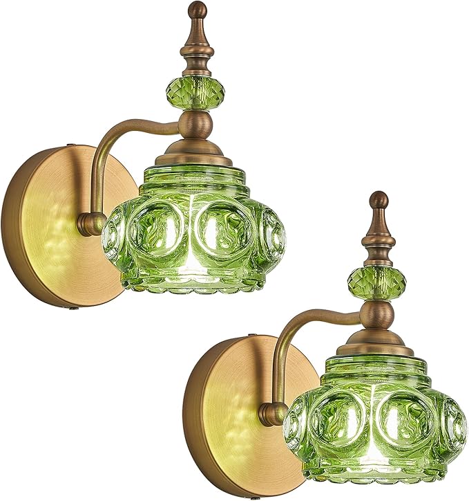 2-Pack Wall Sconces Green + Brass Bathroom Vanity Lighting Fixtures, Vintage Vanity Light Rust-Proof and Durable for Bedroom Living Room Hallway