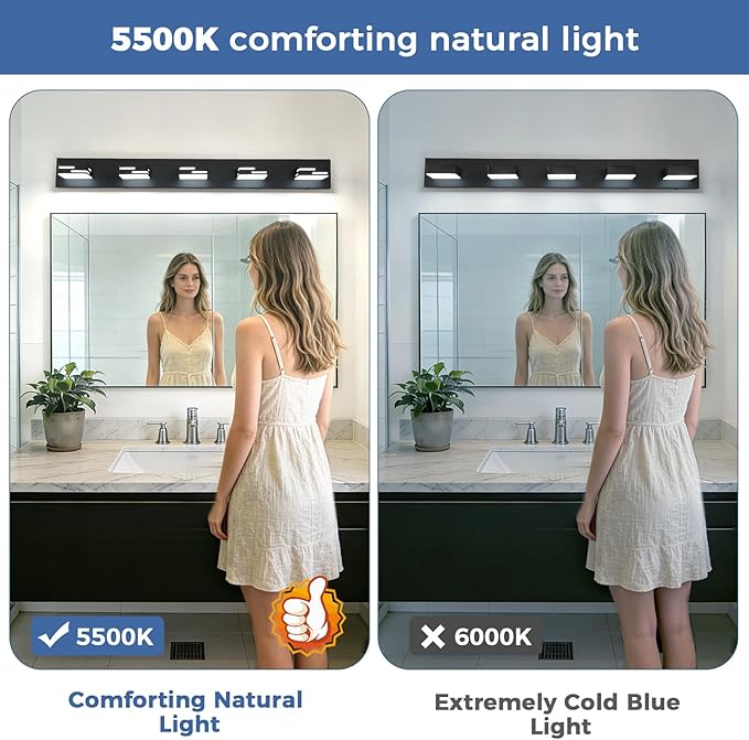 5-Light Modern Bathroom Vanity Light Fixtures, 40-Inch 350° Rotatable LED Vanity Lights Over Mirror, 40W Matte Black Metal Wall Sconce with Frosted Acrylic Shade, Non-Dimmable