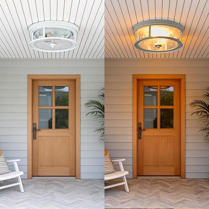 White Flush Mount Ceiling Light Fixture, 2-Light with Seeded Glass White Ceiling Light Fixture for Bedroom, Indoor Outdoor Ceiling Lights for Porch Hallway Kitchen
