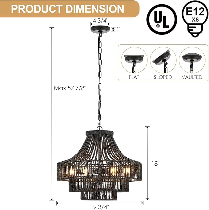 20" Black Wood Beaded Rattan Chandelier Boho Hand Woven Pendant Light for Dining Living Room Kitchen Bedroom, UL Listed