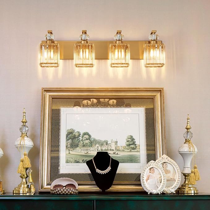 Modern Bathroom Vanity Light, 4-Light Gold Bathroom Lighting Fixtures Over Mirror, 28.4" Crystal Wall Light Sconce for Bathroom/Bedroom/Vanity, Includes LED Bulbs, Easy Installation