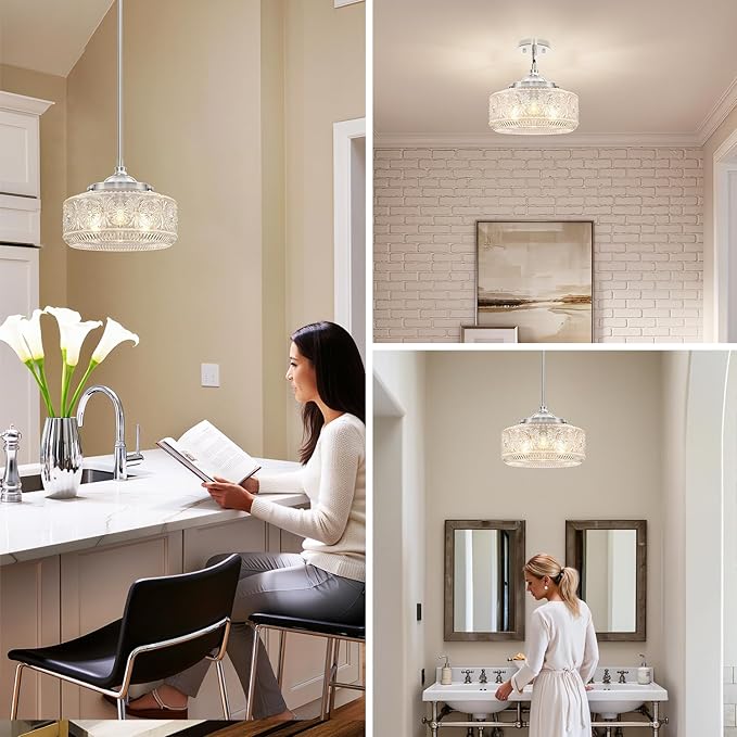 Vintage 3 Lights Drum Pendant Lights Kitchen Island with Etched Glass Shade, Adjustable Height Brushed Nickel Pendant Light for Kitchen Island, Dining Room,Bedroom,Hallway, E12 Base,Bulbs Not Included