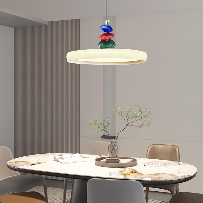Mikeru Modern Pendant Lights, 23.6" Cream Yellow Pendant Lighting Fixture with Remote Control Dimmable 3 Color Mode & Brightness Mid Century Island Light Fixture for Dining Room,Kitchen,Living Room