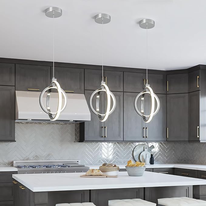 Modern LED Chandelier Chrome Ring Pendant Light Fixtures 4000K Dimmable Height Adjustable Pendant Lighting for Dining Room Kitchen Island Bedroom Living Room Foyer（Chrome Round 3-Pack）