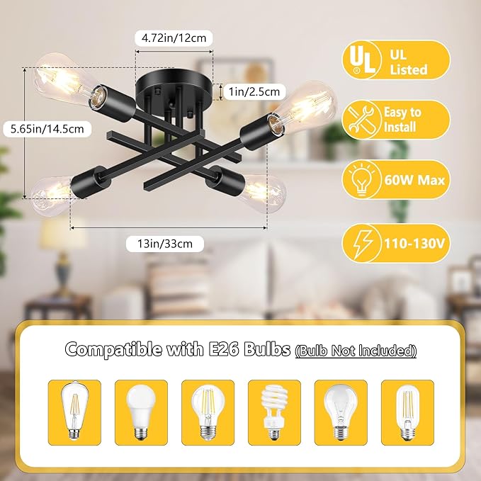 Asnxcju 4-Light Hallway Semi Flush Mount Light Fixtures, Farmhouse Black Light Fixtures Ceiling Mount, Indoor Close to Ceiling Lighting for Kitchen Entryway Bedroom Foyer (Bulb Not Included)
