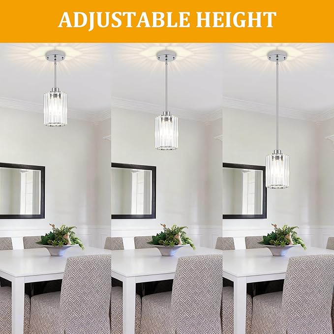 3-Pack Chrome Pendant Lights Kitchen Island Modern Crystal Hanging Pendant Light Hexagonal Mini Chandelier Adjustable Hanging Kitchen Lights for Dining Room Hallway Bedroom Entryway Light Fixture