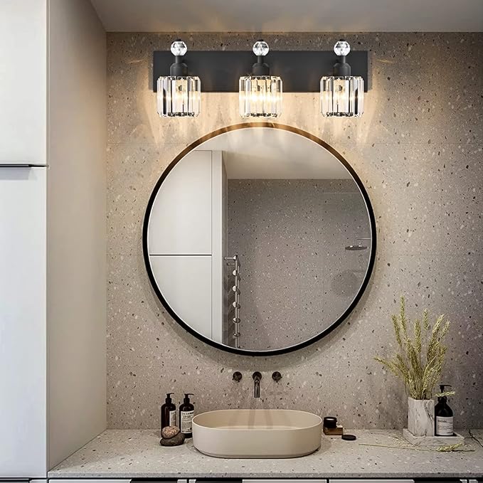PRESDE Crystal 3 Light Bathroom Vanity Lights Modern Matte Black Bathroom Lights Fixtures Over Mirror Wall Lamp for Bath Bedroom Hallway