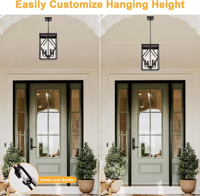 15.7'' Outdoor Pendant Lighting Fixtures 4-Light Outdoor Chandelier Oil Rubbed Bronze Exterior Hanging Porch Light Fixtures w/Glass Shade Outside Pendant Lantern for Front Porch Balcony Foyer