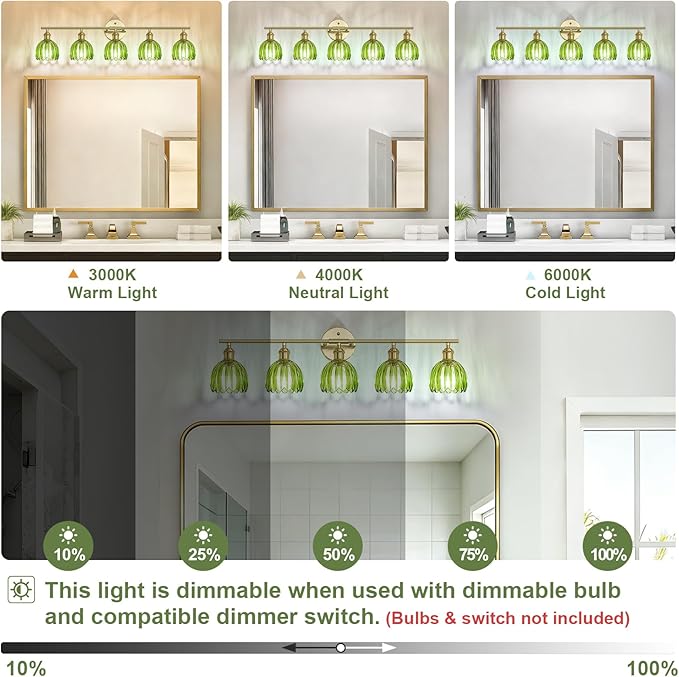 Vintage Bathroom Light Fixtures,5-Light Hardwired Vanity Lights with Green Tulip Glass Shade,Gold Bathroom Vanity Light for Mirror Restroom,E26 Socket,33.46 in(Bulbs Not Included)