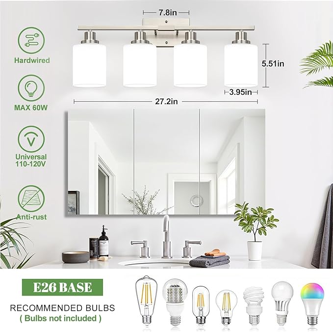 MOKATNG 4-Light Vanity Light with Milky White Shades, Brushed Nickel Bathroom Lighting Fixtures Over Mirror, Modern Bathroom Wall Lamp for Mirror Living Room Cabinet Bedroom