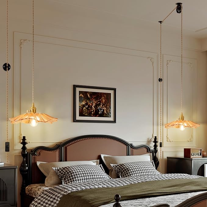 Plug in Glass Pendant Lights Kitchen Island Brass Glod Vintage Hanging Light Fixture Flower Light for Bedroom Kitchen Hallway Corded On/Off Switch Bathroom Amber Sunflower
