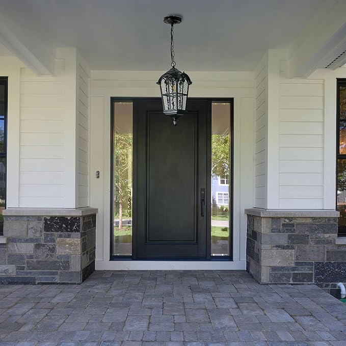 Black Outdoor Pendant Lights for Porch Hallway Patio, Aluminium Exterior Hanging Light Fixture, Outside Waterproof Vintage Hanging Lantern Light, Height Adjustable Outdoor Pendant Lamp