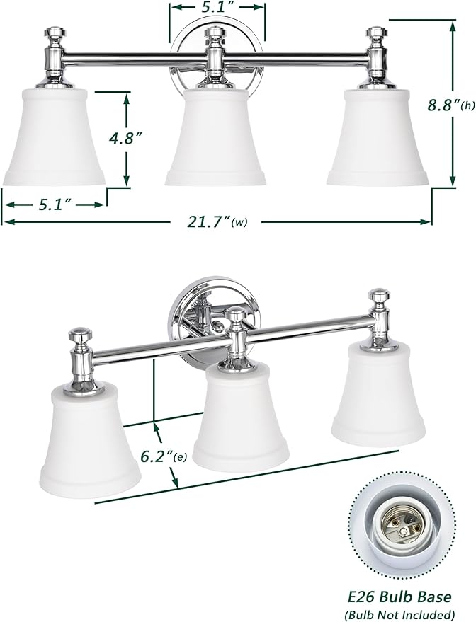 Bathroom Vanity Light Fixtures, Traditional Chrome 3 Lights Wall Sconce Lighting with Opal Glass Shade, Porch Wall Mount Light Fixture for Bathroom, Mirror Cabinets Hallway Stairs