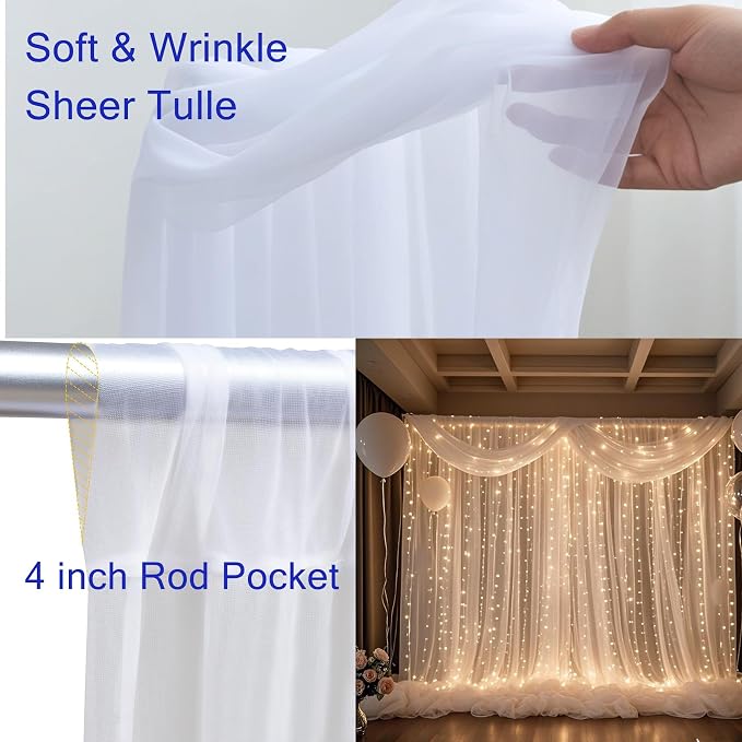 White Tulle Backdrop Curtain with Lights, Elegant Sheer Photo Backdrop Drapes, Soft Fabric Curtain for Weddings Brithday Parties Photography Background Decor, 10ftx8ft