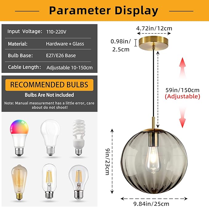 Modern Smoke Grey Glass Pendant Light, Kitchen Island Lighting Single Globe Pendant Light Fixtures Century Kitchen Island Pendant Lighting for Bedroom Living Dining Room Light Fixture （Without Bulb）