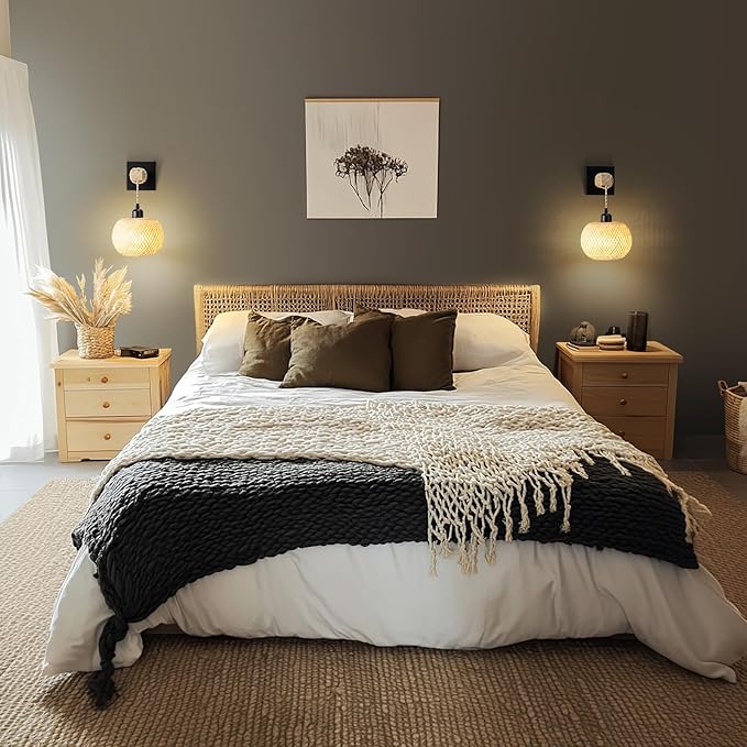 Battery Operated Wall Sconce with Remote Set of 2, Rechargeable Rattan Wall Sconces with 8000mAh Bulbs, Woven Bamboo Wall Light/Lamp Boho Wall Sconce for Bedroom (Black)