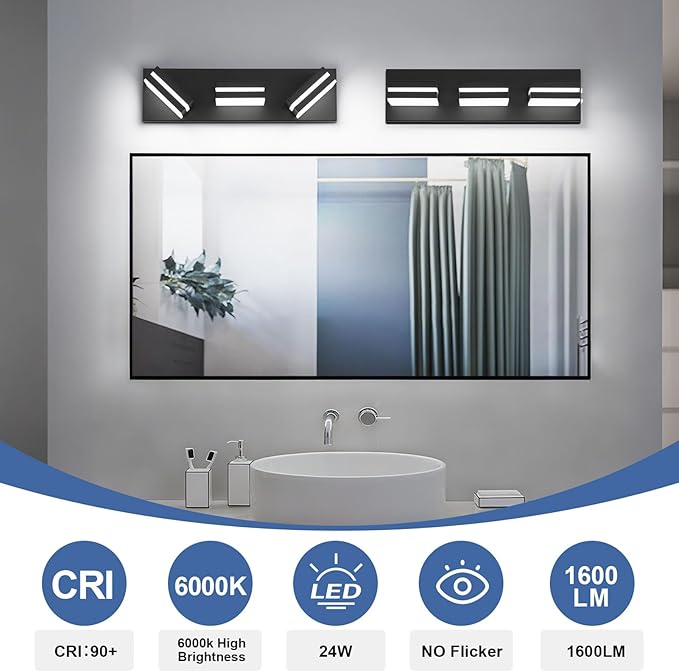 Modern LED Small Bathroom Lights Fixtures 3-Light,Metal Black Acrylic Wall Lighting,Vanity Lights for Bathroom Over Mirror 6000K 16in