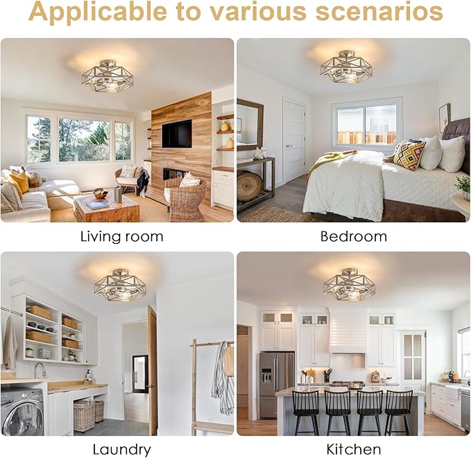 2 Pack Close to Ceiling Light Fixtures, 3-Lights Cage Flush Mount Ceiling Light, 14.5 Inch Brushed Nickel Semi Flush Mount Ceiling Light for House Bedroom Laundry Hallway Kitchen