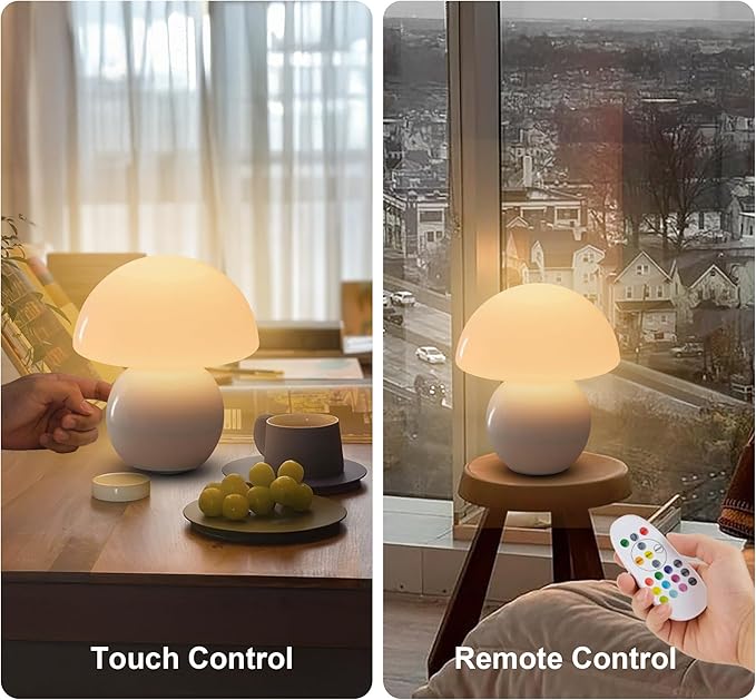 KARTOOSH Cordless Cute Mushroom Lamp with Remote Control, 9 RGB, Cordless Lamps for Tables, 3 Color Temperature, Stepless Dimmable, Timer, Memory, Unique Aesthetic Home Decor for Living Room (White)