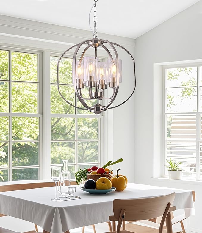 BOZO 20'' Globe Chandelier Brushed Nickel, 4-Light Modern Orb Chandelier, Ceiling Hanging Light Fixture with Clear Glass Shade, Pendant Light for Dining Room Entryway Living Room