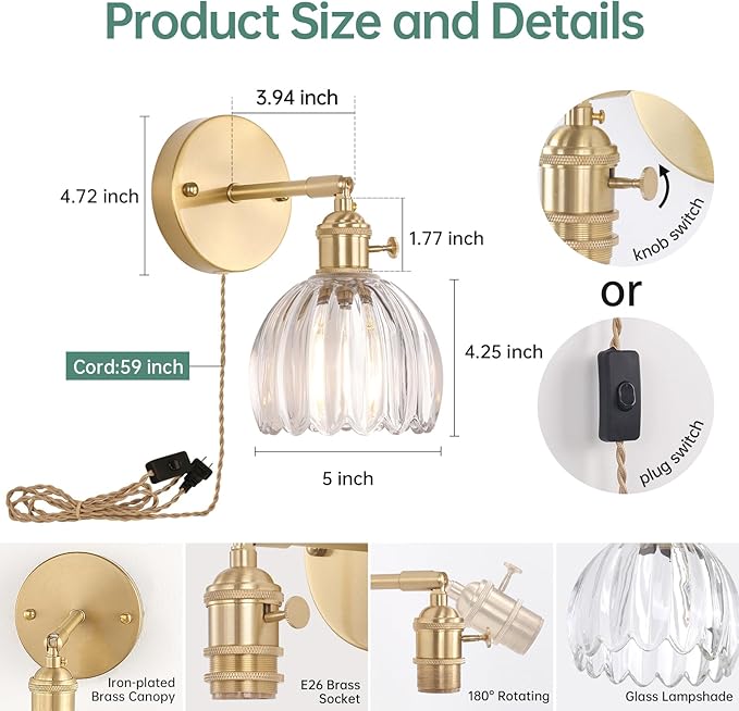 Shenmoyl Plug in Wall Sconce, Transparent Tulip Glass Lampshade Wall Light Plugin Corded for Bedside Bedroom Doorway, 2 Pack