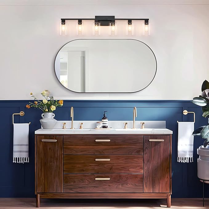 6-Light Bathroom Vanity Light Black ,Vanity Lights Rust Proof Moisture-proof Easy to Cleanwith Clear Glass Shades Large Black Bathroom Light Fixture for Bathroom for Mirror Bathroom Wall Light