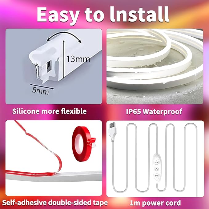 Neon Rope Lights，16.4ft RGB LED Strip Lights with App Control,Music Sync Flexible DIY Design,5V USB Powered Neon Lights for Bedroom,Gaming,and Party Decoration(with Adhesive Backing)