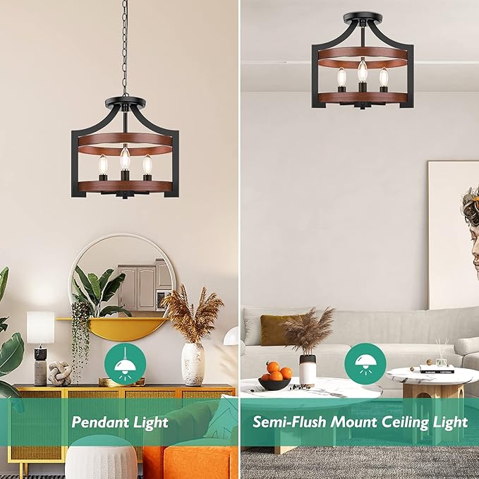 3-Light Farmhouse Chandelier, 14.5” Pendant Hanging Lighting Adjustable Height, Convertible Vintage Semi Flush Mount Ceiling Light Fixture, Rustic Chandeliers for Dining Room Foyer Entryway Kitchen