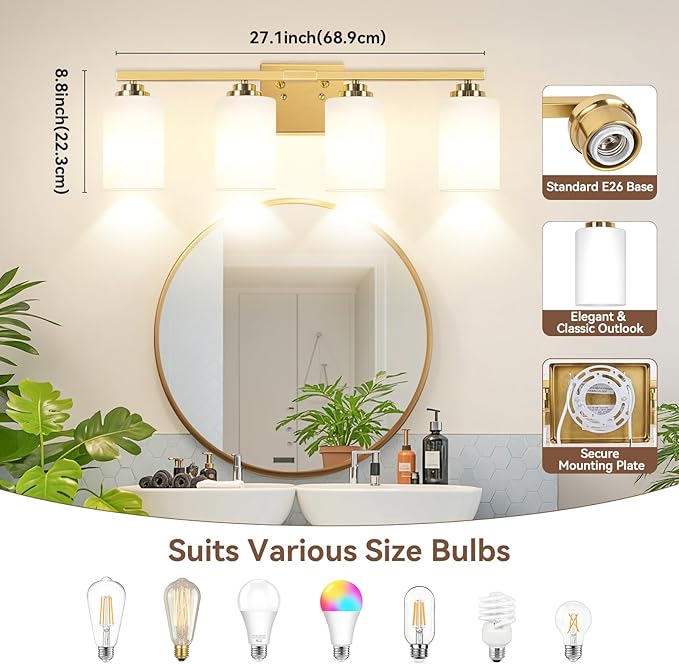 4-Light Bathroom Light Fixtures, 27" Modern Vanity Lights Over Mirror with Milky White Glass Shade, Gold Wall Sconce, Classic Wall Light Fixture for Mirror Living Room Cabinet Bedroom Porch Kitchen