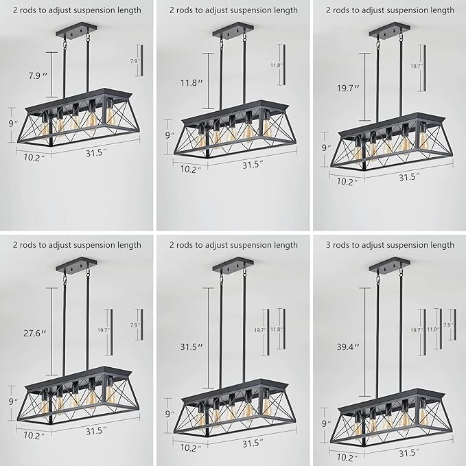HuixuTe 5-Light Farmhouse Pendant Light for Dining Room, Rustic Kitchen Island Lighting, Adjustable Height Chandeliers for Kitchen, Dining Room Table Black
