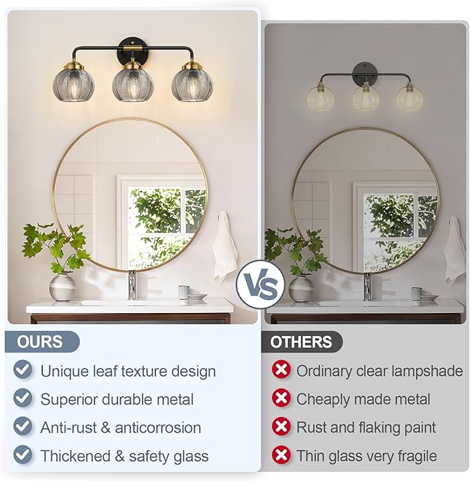 MOKATNG Bathroom Light Fixtures, 3-Light Smokegray Vanity Lights with Unique Leaf Texture Glass Shade, Modern Matte Black and Gold Bathroom Wall Lamp for Mirror Hallway Cabinet Living Room
