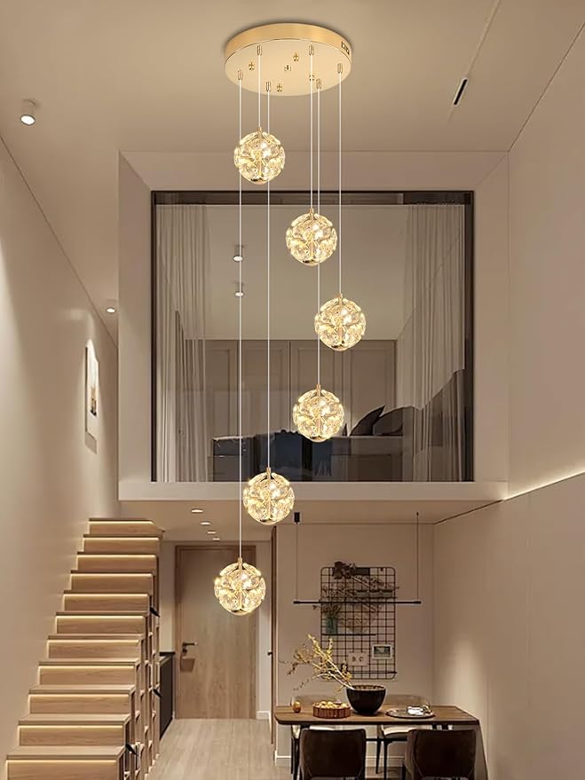 ykolupty LED Staircase Chandelier Modern Crystal Globe Pendant Light Crystal Chandeliers for High Ceilings,Gold Hanging Lighting Fixture for Villas Foyer Hallway Entryway (6-Lights)
