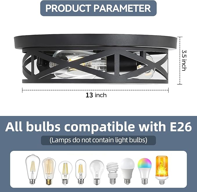 13 Inch Black Farmhouse Close to Ceiling Lights, Farmhouse Metal Cage Flush Mount Ceiling Light 3-Lights, Black Industrial Semi Flush Mount Ceiling Light for House Hallway Kitchen Bedroom