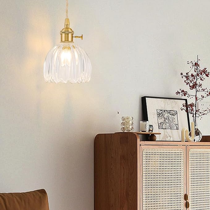 Plug in Pendant Light Fixtures, Hanging Light Fixture Vintage Glass Pendant Light, Mini Transparent Tulip Hanging Lamp, Pendant Lighting for Kitchen Island, Bedroom, Dining Room, Living Room