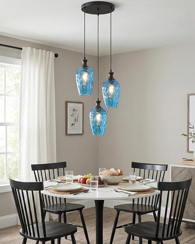 3-Light Pendant Lighting, Black Dining Room Chandelier Light Fixture Over Table with Blue Hammered Glass, Modern Cluster Hanging Lights for Kitchen Island Sink, E26