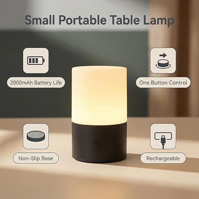 Small Table Lamp - Rechargeable, Portable, Up to 20-Hour Battery Life, 10 Brightness Levels, Auto-Off Timer, Waterproof, Warm Light for Bedside, Travel, Camping & Décor-Matte Black