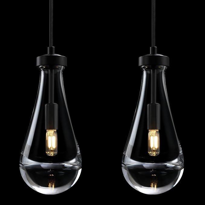 2 Pack 5 Inch Hanging Raindrop Crystal Glass Kitchen Island Modern Concise Pendant Ceiling Light Fixture,Black Finish for Kitchen Island Dining Room Bedroom Hallway,UL Listed