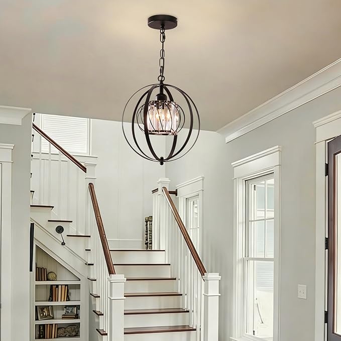FRIXCHUR Black Crystal Pendant Light, Adjustable Hanging Light Fixture with Pumpkin-Shaped Crystal Shade, E26 Base Metal Lantern Pendant Ceiling Light for Kitchen Island, Dining Room, Entryway, Foyer