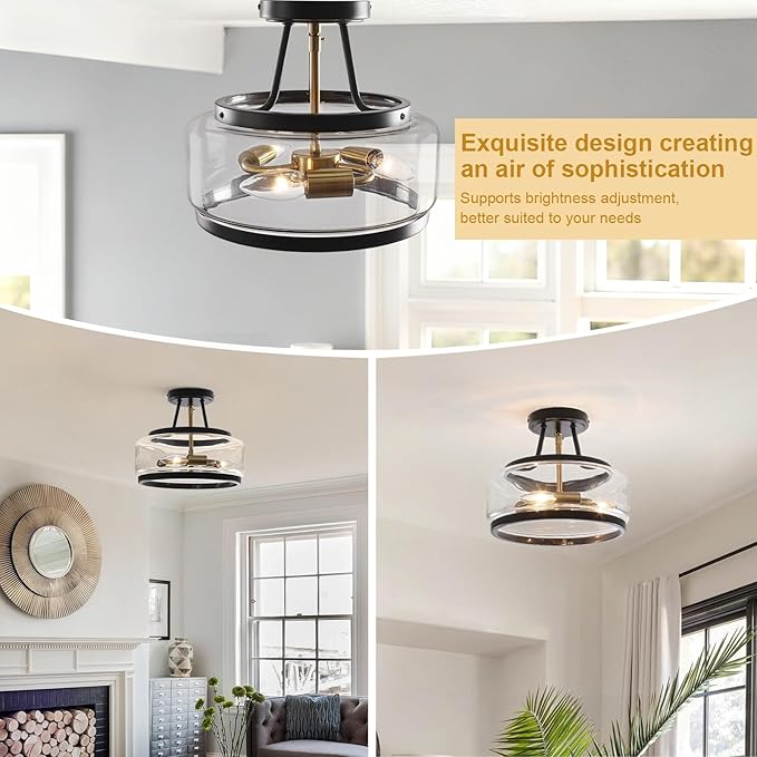 11.8" Black and Gold Semi Flush Mount Ceiling Light, Small Ceiling Lights with Clear Glass, Modern Drum Light Fixture for Hallyway Dining Room Foyer Entryway Bedroom Kitchen Bathroom, 3-Light