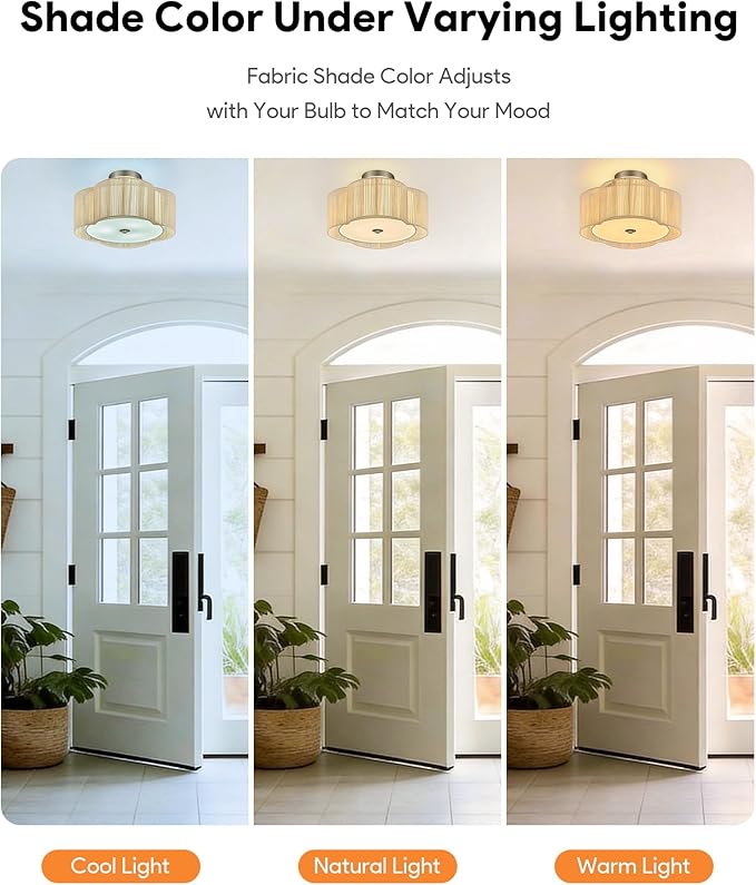 VONLUCE Semi-Flush Mount Boho Ceiling Light, 14" 4-Light Rattan Ceiling Light Fixture with 2 Tier Rattan Fabric Clover Shade, Lighting for Bedroom Dining Living Room, Nickel Finish, ETL Certificated