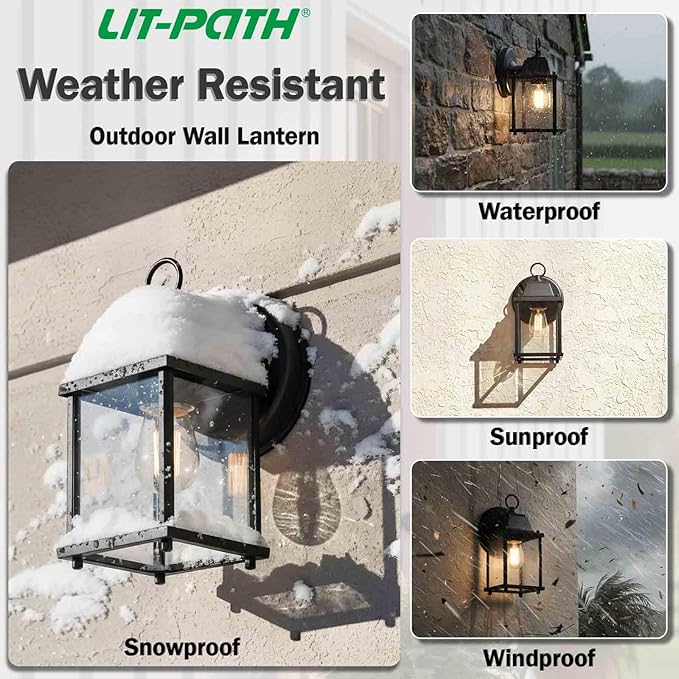 LIT-PaTH Outdoor Wall Lantern, Wall Sconce as Porch Lighting Fixture, E26 Base, Aluminum Housing Plus Glass, Water-Proof and Outdoor Rated, ETL Qualified, 2-Pack, Black