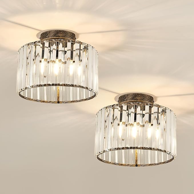 CVKASH 2 Pack Bronze Crystal Semi Flush Mount Ceiling Light Vintage Mini Ceiling Light Fixture Metal Close to Ceiling Lamp for Hallway Kitchen Living Room Bathroom Entryway Bedroom Closet
